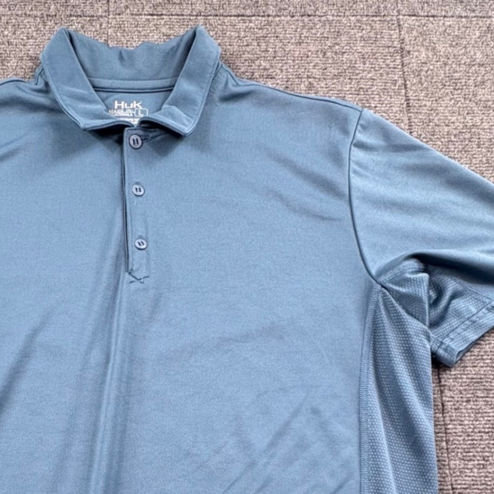 Huk Mens Performance Polo Shirt Large Blue Gray Mesh Side Panels Short Sleeve